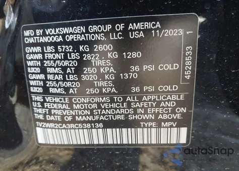 2024 Volkswagen Atlas 2.0T Se W/Technology from USA, damaged, VIN 1V2WR2CA3RC538136